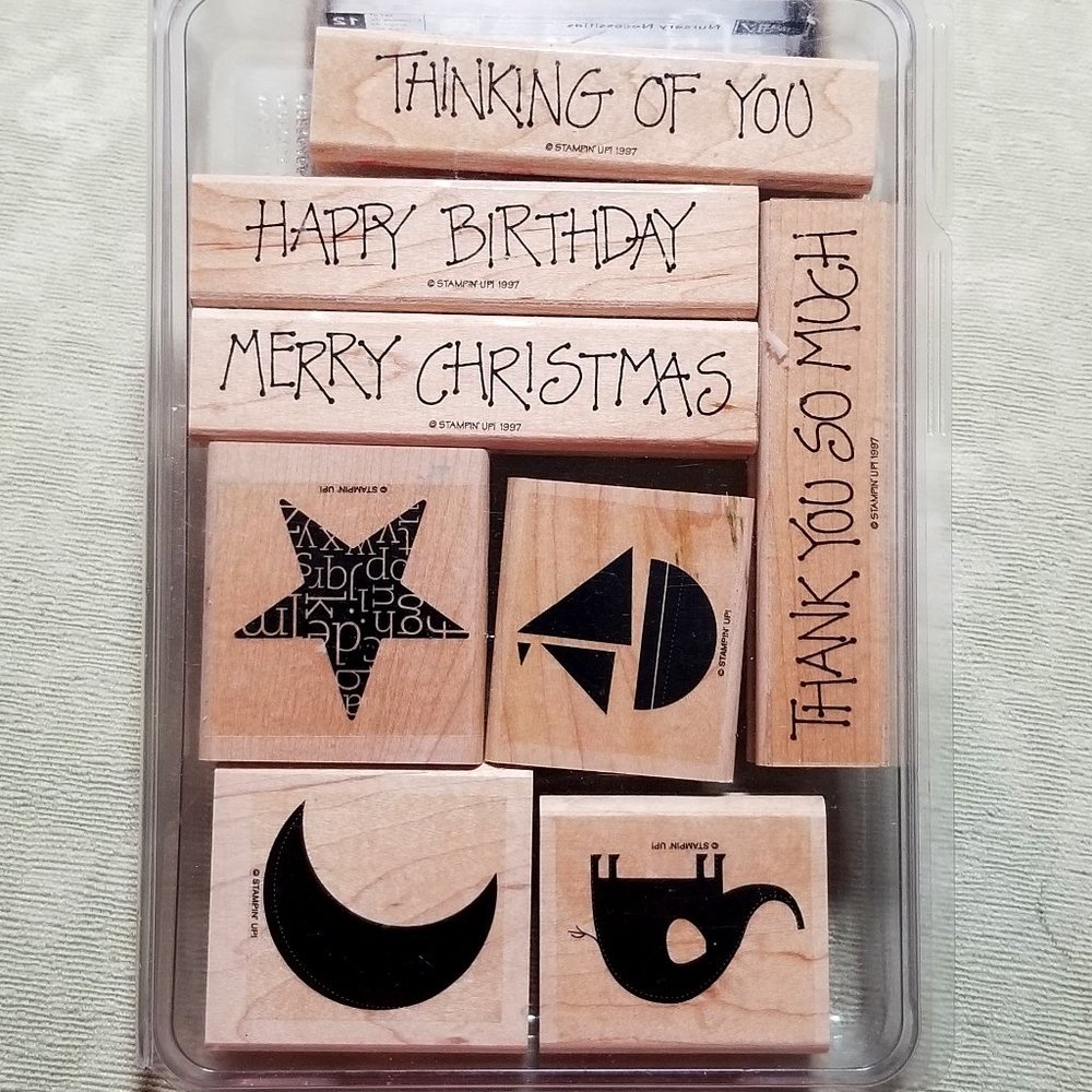 1997-Stampin Up Wood Rubber Stamps Thank You Happy Birthday, Star & Moon Plus
